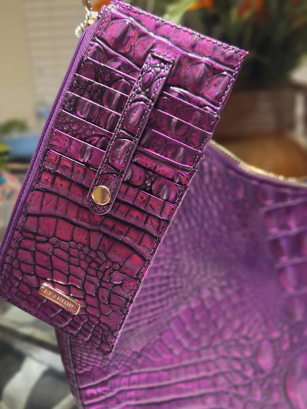 Brahmin Purple Croc-Embossed Large Hobo Bag With Credit Card Holder With Zipper